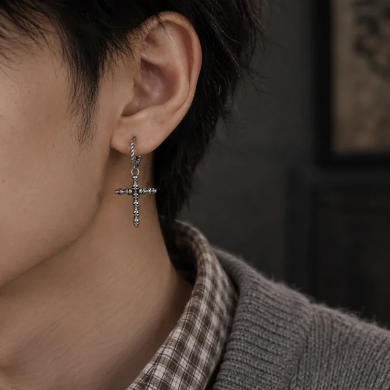 Men’s Ornate Cross Drop Hoop Earring — second view