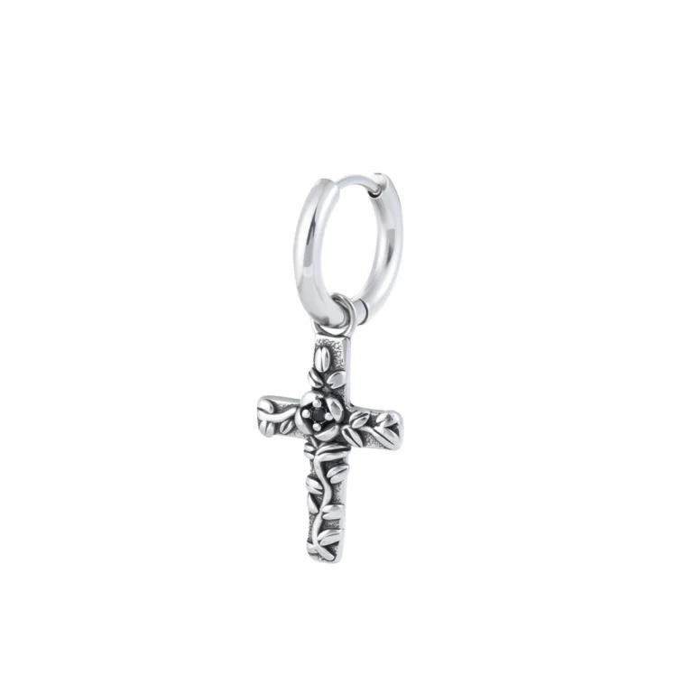 Men’s Engraved Cross Drop Hoop Earring — product view