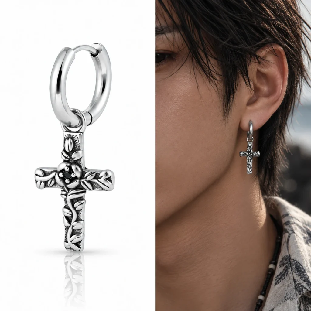 Men’s Engraved Cross Drop Hoop Earring — size reference