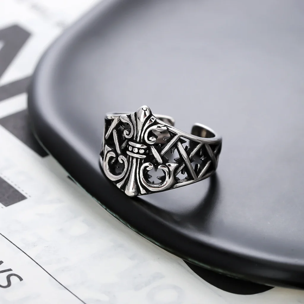 Men’s Ornate Scroll Open Band Ring — size reference