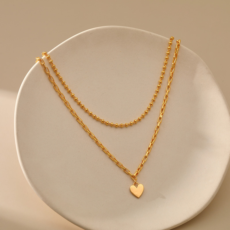 Gold Tone Double Layer Heart Charm Necklace — second view