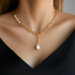 Gold Tone Asymmetric Pearl Look Chain Necklace — second view thumbnail