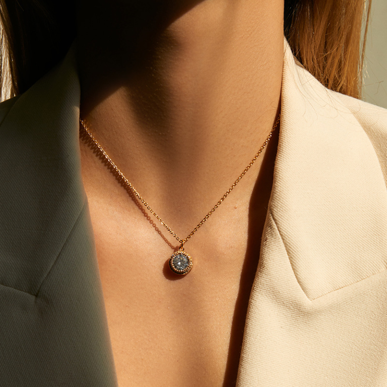 Gold Tone Round Halo Pendant Necklace — second view