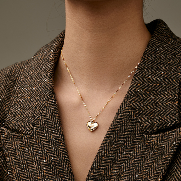 Gold Tone Inscribed Heart Pendant Necklace — second view