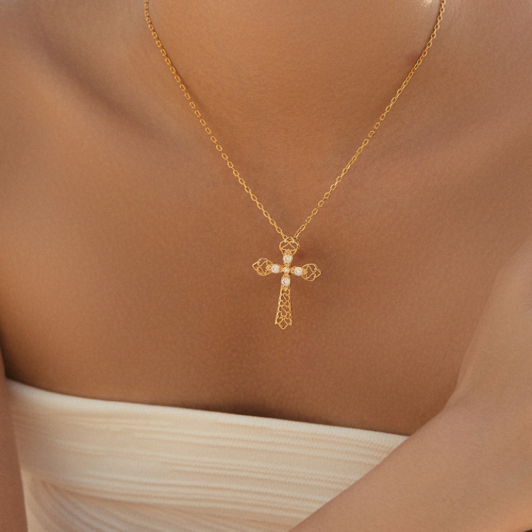 Gold Tone Openwork Cross Pendant Necklace — second view