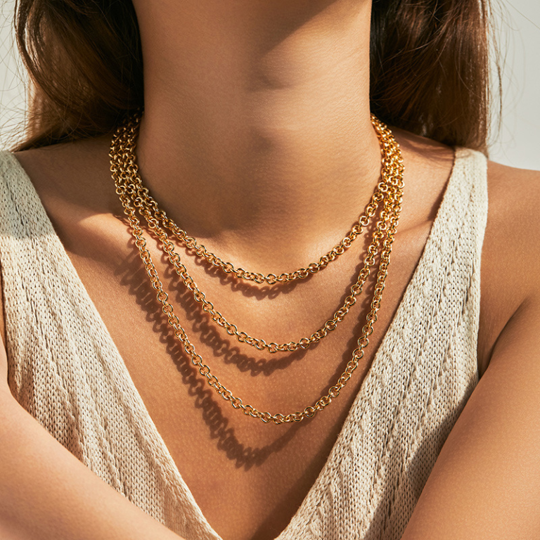 Gold Tone Three Strand Chain Necklace — second view