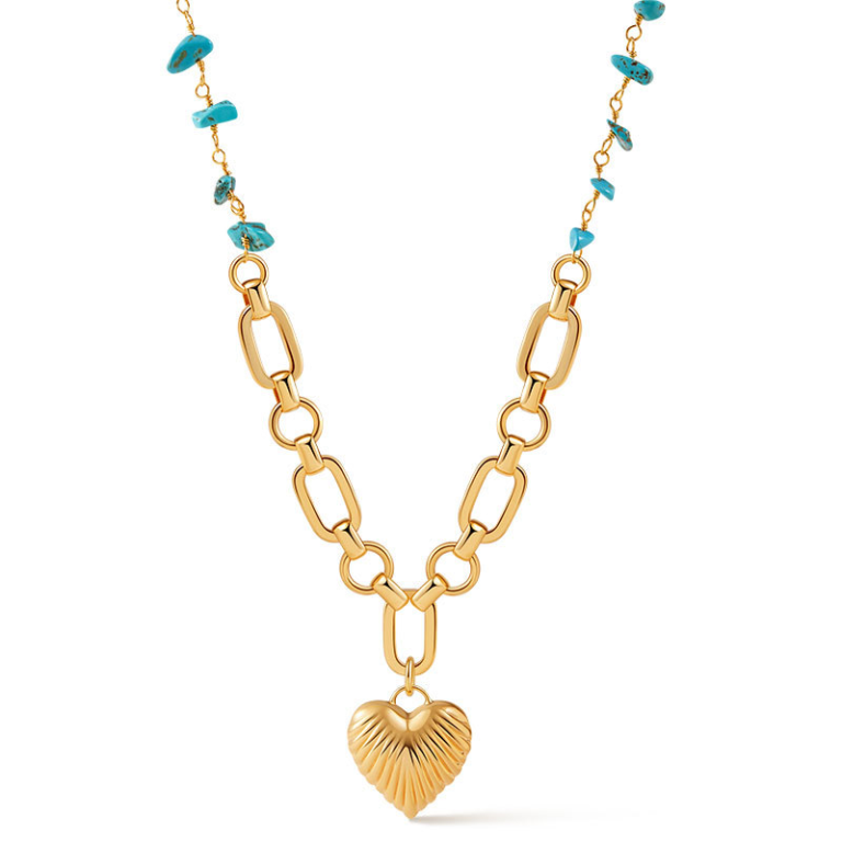 Gold Tone Teal Bead Heart Pendant Necklace — product view