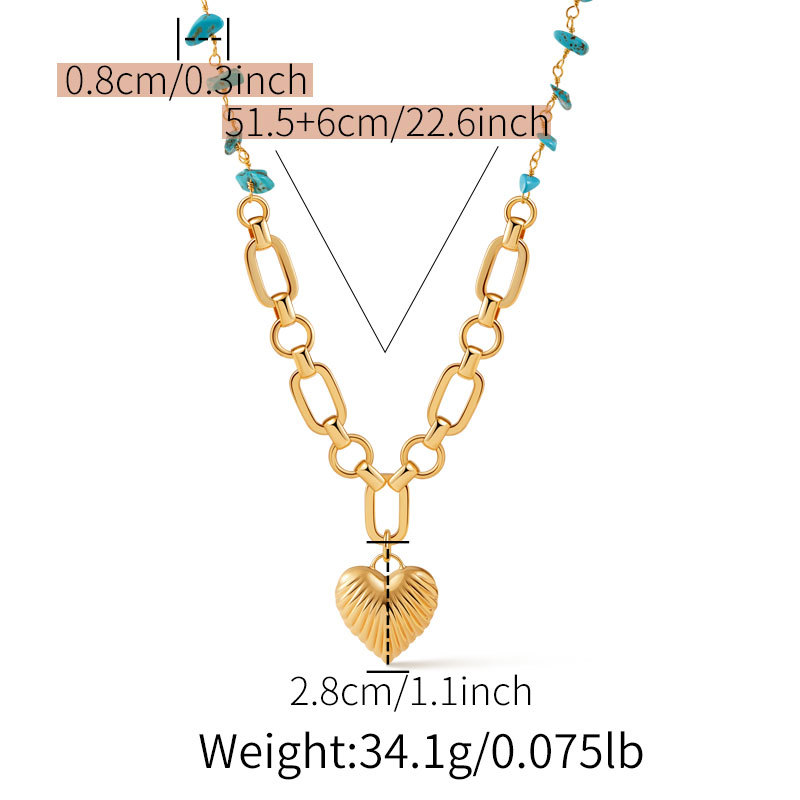 Gold Tone Teal Bead Heart Pendant Necklace — size reference