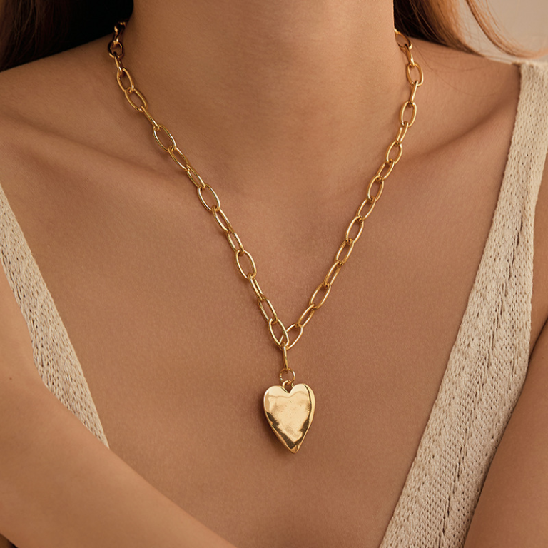 Gold Tone Smooth Heart Paperclip Chain Necklace — second view