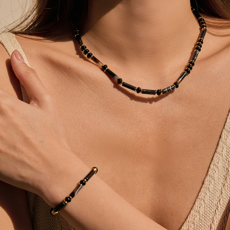 Gold Tone Black Bead Bar Necklace — second view