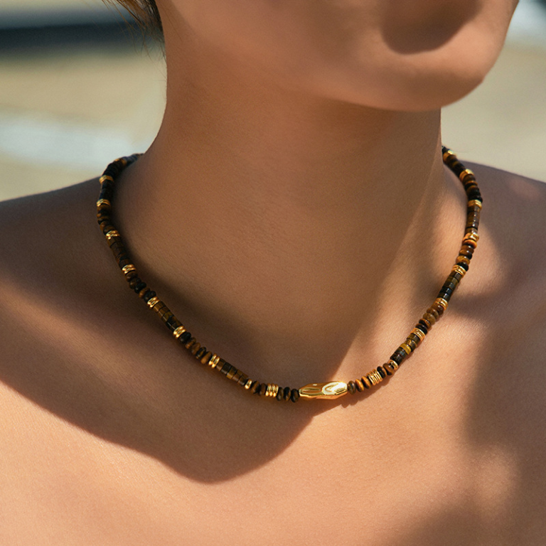 Gold Tone Brown Disc Bead Necklace — second view