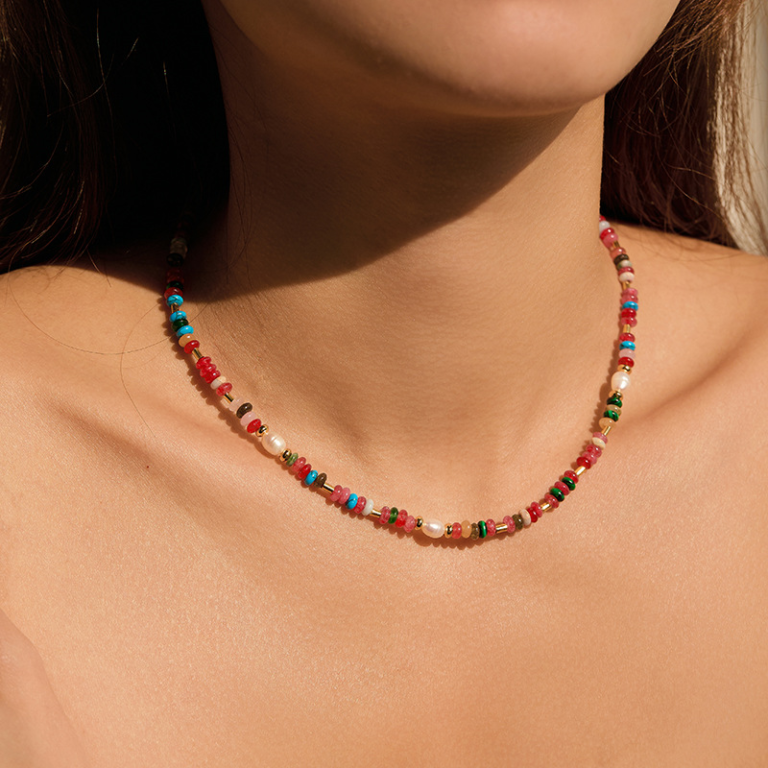 Gold Tone Multicolor Bead Necklace — second view
