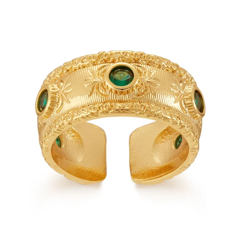 Gold Tone Green Stone Textured Band Ring — product view