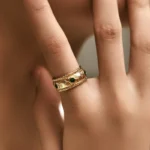 Gold Tone Green Stone Textured Band Ring — second view thumbnail