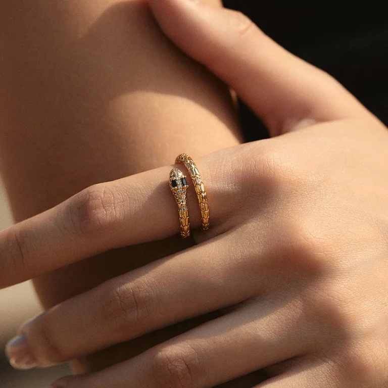 Gold Tone Crystal Snake Open Ring — second view