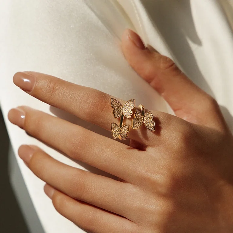 Gold Tone Crystal Butterfly Open Ring — second view