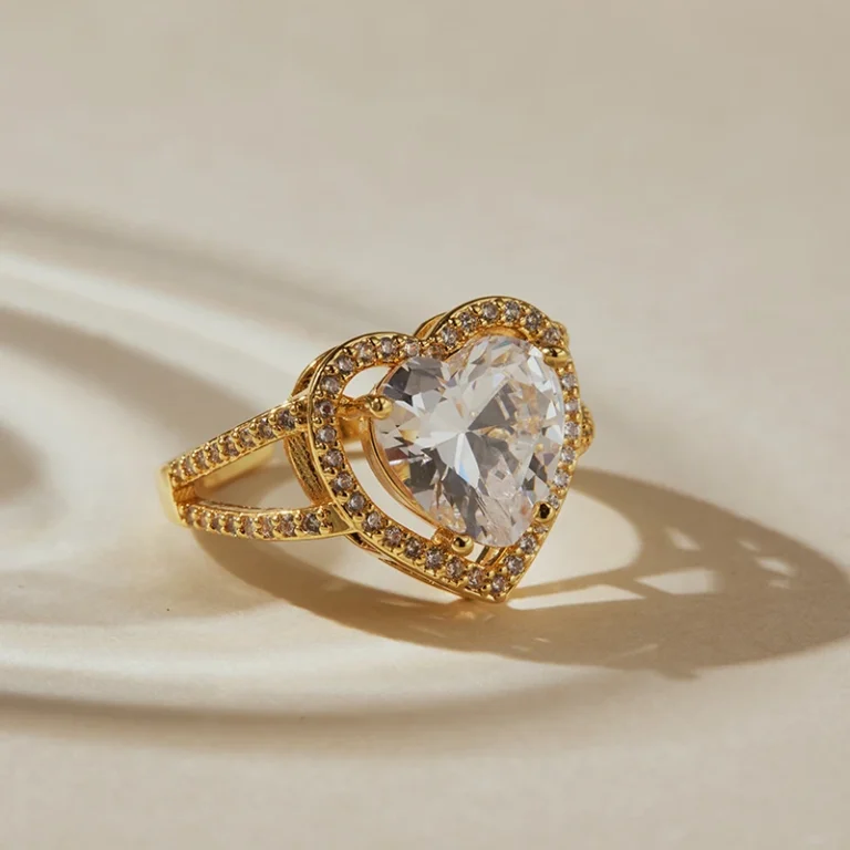 Gold Tone Clear Heart Halo Ring — second view