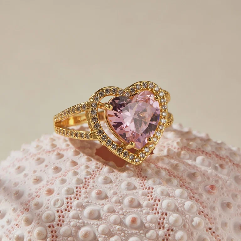 Gold Tone Pink Heart Halo Ring — second view