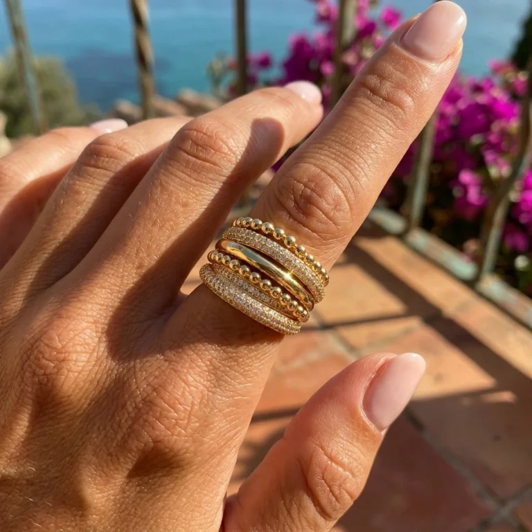 Gold Tone Beaded Multi Row Crystal Ring — second view