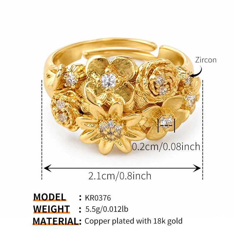 Gold Tone Crystal Flower Cluster Ring — size reference