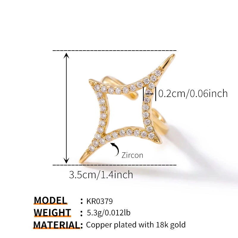 Gold Tone Crystal Four Point Star Ring — size reference