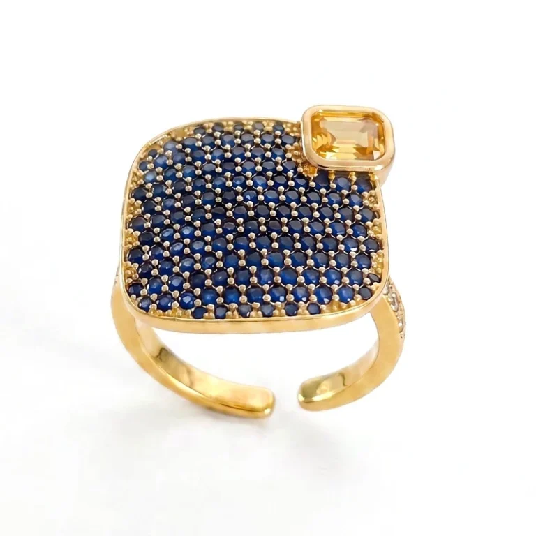 Gold Tone Blue Pave Yellow Stone Ring — product view