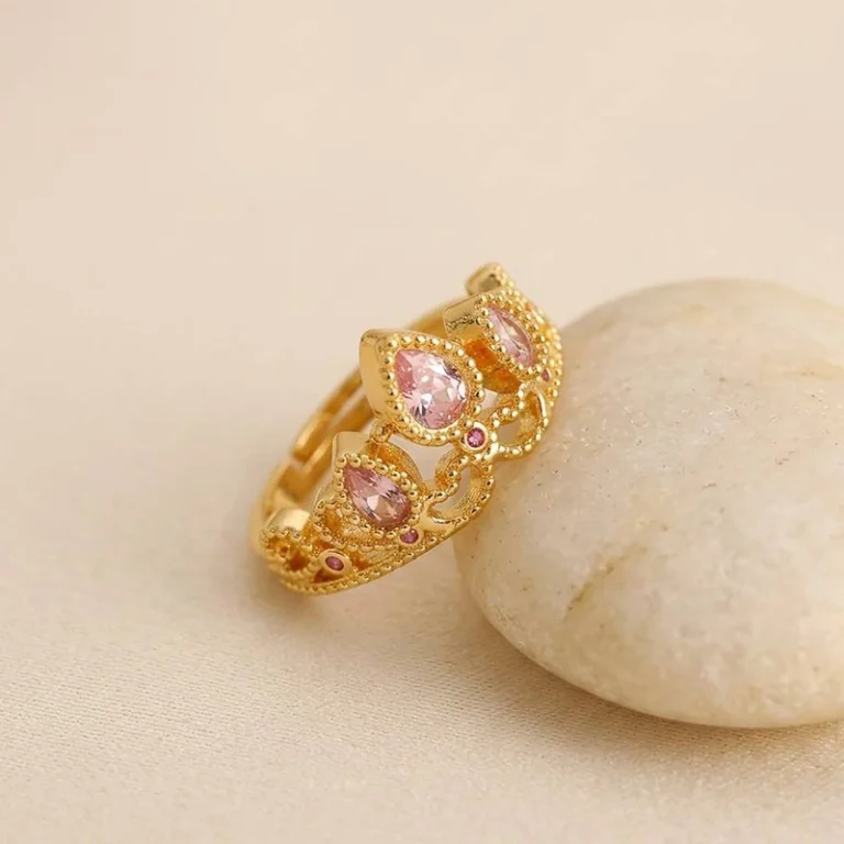 Gold Tone Pink Teardrop Crystal Ring — second view