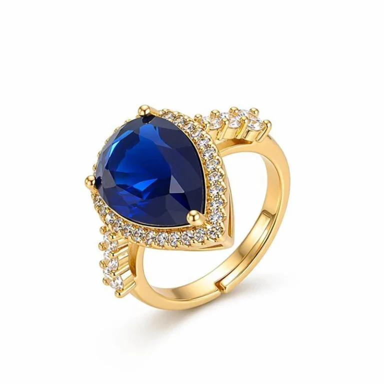 Gold Tone Blue Teardrop Halo Ring