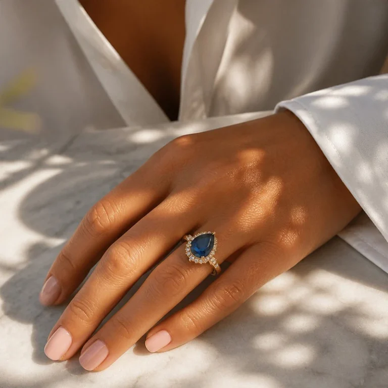 Gold Tone Blue Teardrop Halo Ring — second view