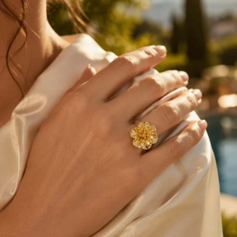 Gold Tone Sculpted Flower Statement Ring — second view