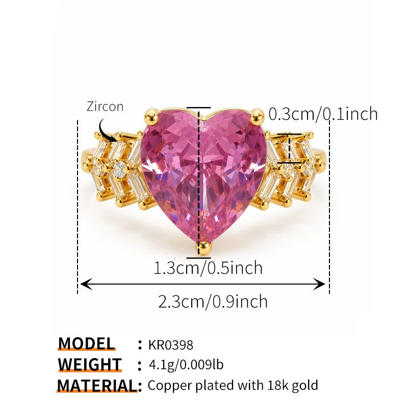 Gold Tone Pink Heart Crystal Statement Ring — size reference