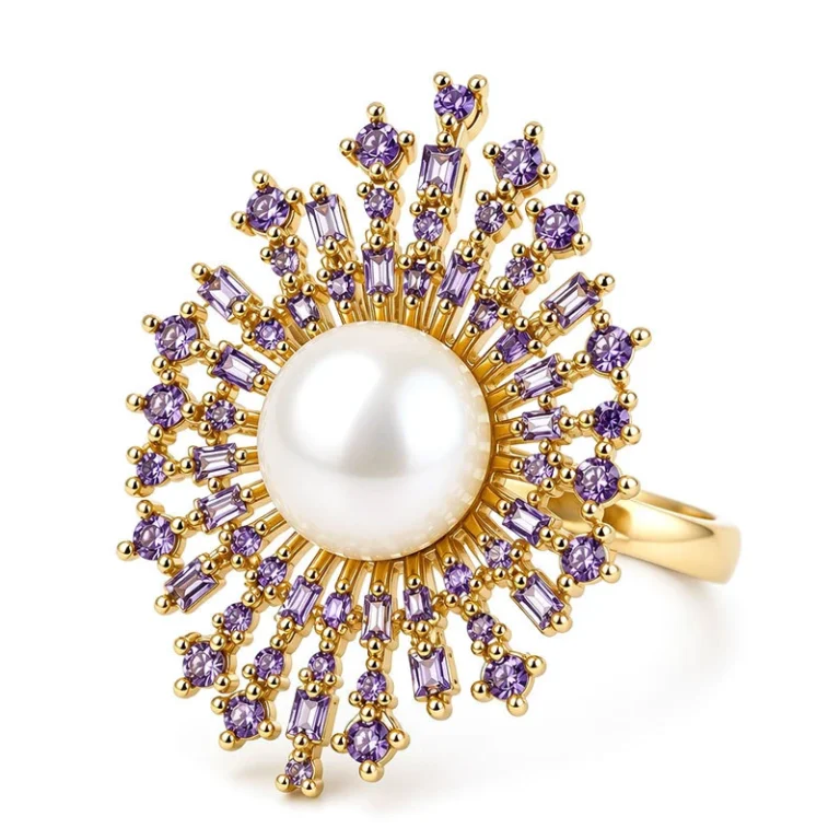 Gold Tone Pearl Effect Purple Sunburst Ring — product view