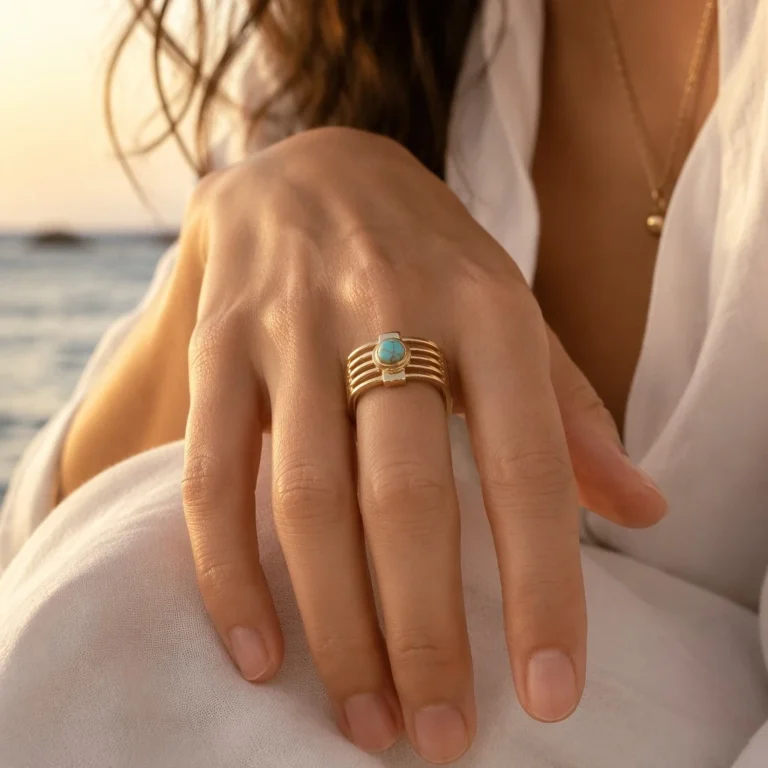 Gold Tone Turquoise Color Oval Multi Band Ring — second view