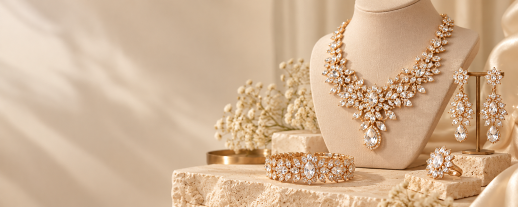 Gold-tone costume jewelry set featuring sparkling crystal-style stones, including a statement necklace, earrings and bracelet.